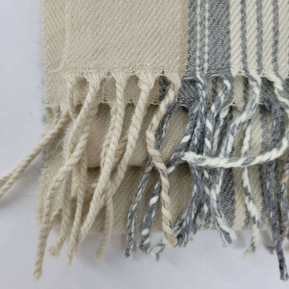 J.Crew Scarf Plaid Neutral Gray Tan Cream Fringe 24x78 Blanket Cottage Cabin